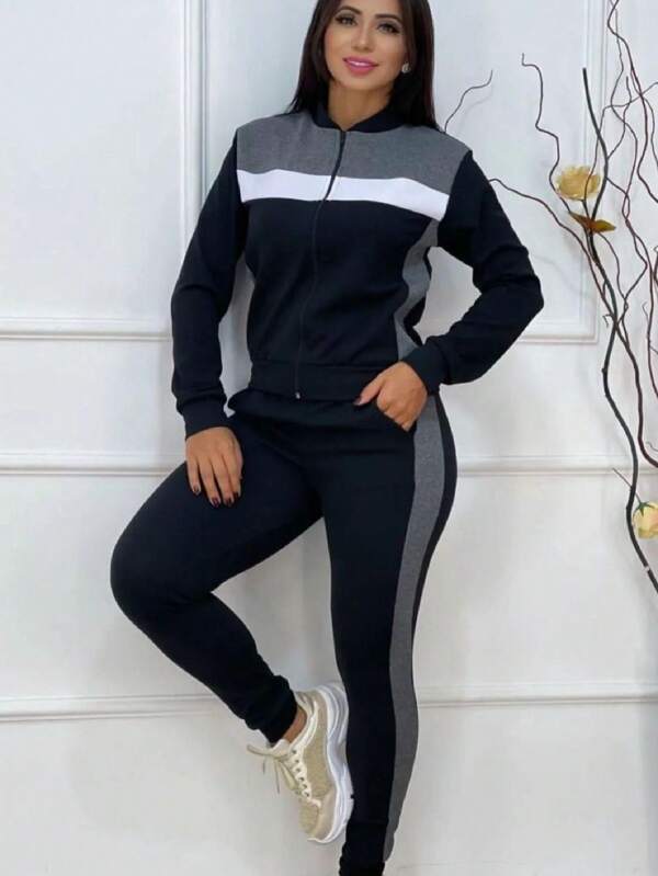 Conjunto Feminino Moletom Crepe Blusa Calça Faixa Ziper Top