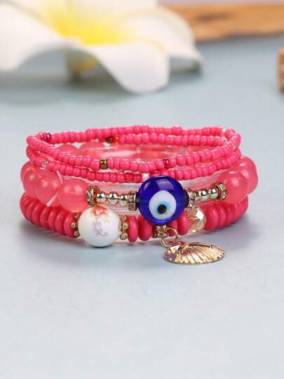 4入組波希米亞風格串珠多層手鍊,帶眼睛和貝殼吊墜,珠寶套裝