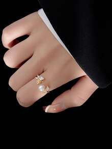 一件S925純銀輕奢精品淡水珍珠戒指女款韓版高端蝴蝶開口簡約母親節嘉年華婚禮母親節禮物 - 金色 - 查看 3