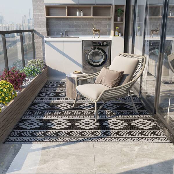 Outsunny Outdoor-Teppich, wasserdichter Kunststoffteppich, Balkonteppich mit doppelseitigem Design, für Terrasse, Balkon, Camping, Schwarz+Grau, 182 x 274 cm