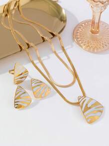 3入組流行不鏽鋼雙層鏈,扁平鏈,圓形,三角形和豹紋設計的項鍊,耳環和戒指,適合女性日常穿著,約會和禮物