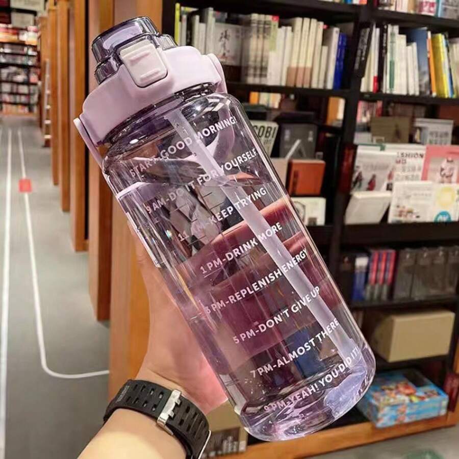 1pc 2l Bottle With Straw For Girls, Portable Travel Water Bottle With Time Marker For Fitness, Biking, Summer - Purple - View 1