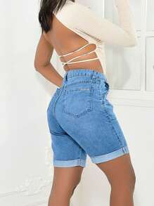 Women Denim Shorts - 中等水洗藍 - 查看 2