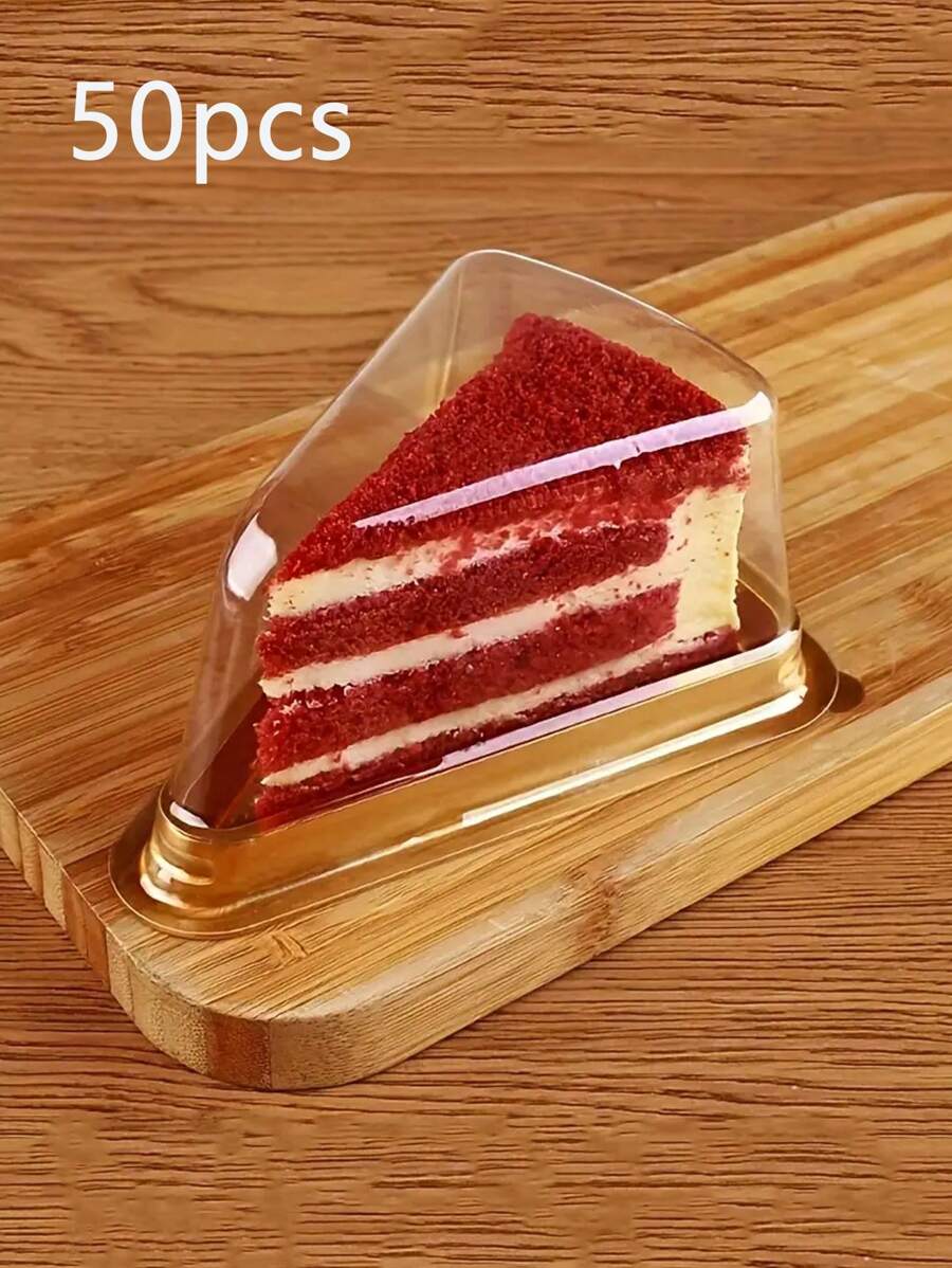 50pcs Clear Triangular Cake Slice Containers Cake Boxes Disposable Plastic Cheesecake Containers With Lids For Easy Storage And Presentation Birthday Party Favor Wedding Party Gifts Baking Tools Kitchen Accessories For Restaurant Commercial - Gold - View 1