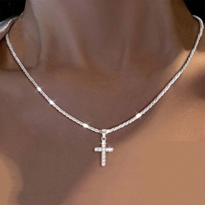 1pc 925 Sterling Silver Cross Pendant Collarbone Chain With Starry Sky Design For Women