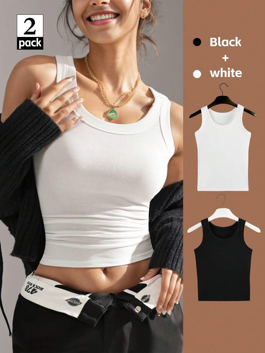2-Piece Women's Threaded Bottom Suspender Versatile Long Slim Fit Vest Fashionable Inner Layer Breathable Solid Color Can Be Worn Externally Suspender Sports Vest - Multicolor - View 1