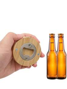 1pc Wooden Circular Bottle Opener Magnetized Fridge Sticker, Household Beer Screw Cap Opener - Wood Color - View 1