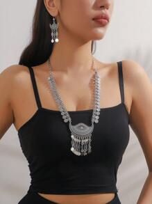 3pcs/Set Metallic Fan Shaped Hollow Out Pendant Necklace With Rhinestone Decoration, Random Color - Vintage Necklace Set - View 3