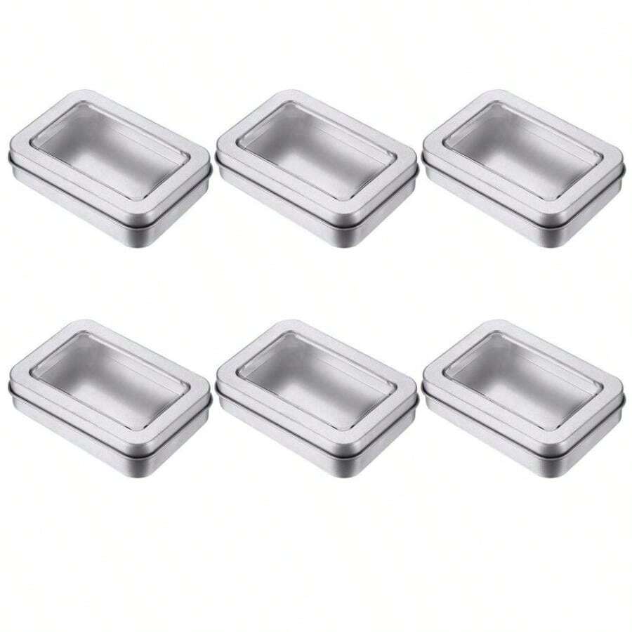 6pcs Metal Tin Box With Hinged Lid And Large Transparent Window For Storage, Suitable For Candles, Candies, Gifts, Incense And Treasures, Rectangle Shape - Silver - View 1
