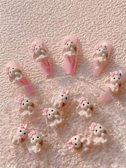 20Pcs Cute Rabbit & Bowtie Design Nail Art Decoration, Pink Color 3D Nail Studs Diy Nail Charms Nail Gems Nail Supplies Nails