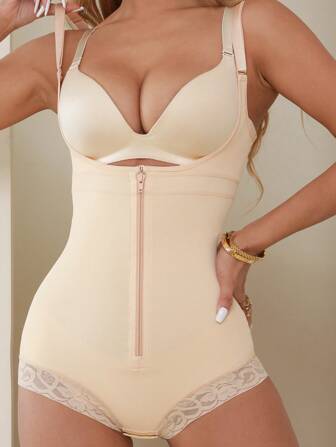 Sports Outdoor 1pc Women Contrast Lace Body Shaper Compression Bodysuit With Tummy Control & Butt Lifter Shapewear Shorts