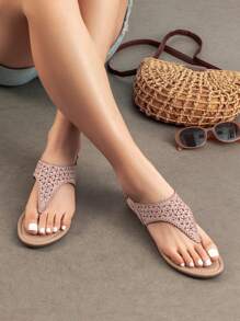 Women Rhinestone Gladiator T-Strap Thong Sandals Casual Wear Cute Flat Sandals Adjustable Buckle Beach Dress Summer Shoes - 粉色 - 查看 2