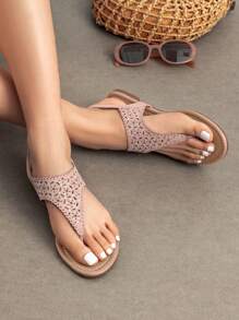 Women Rhinestone Gladiator T-Strap Thong Sandals Casual Wear Cute Flat Sandals Adjustable Buckle Beach Dress Summer Shoes - 粉色 - 查看 1