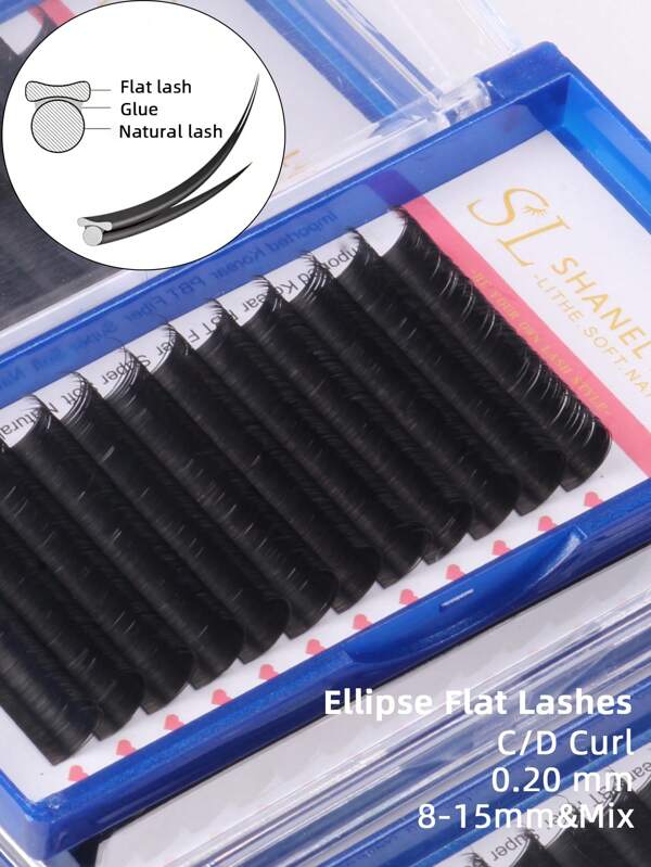 12Rows Flat Ellipse Lash Cashmere 0.20 0.25 0.15 J C D Curl Matte Black Ellipse Split Tips Classic Flat Eyelash 8-15mm Super Matte Extremely Soft Silk Flat Eyelash Extension Individual Synthetic Faux Mink Flat Eyelashes Supplies