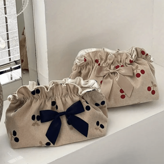 Cherry Print Corduroy Cosmetic Bag - Spacious, Durable & Stylish Travel Makeup Organizer Makeup Storage Bag Gift For Travel Makeup Travel Toiletry Organizer Essentials Gifts Storage Zipper Accessories Nail