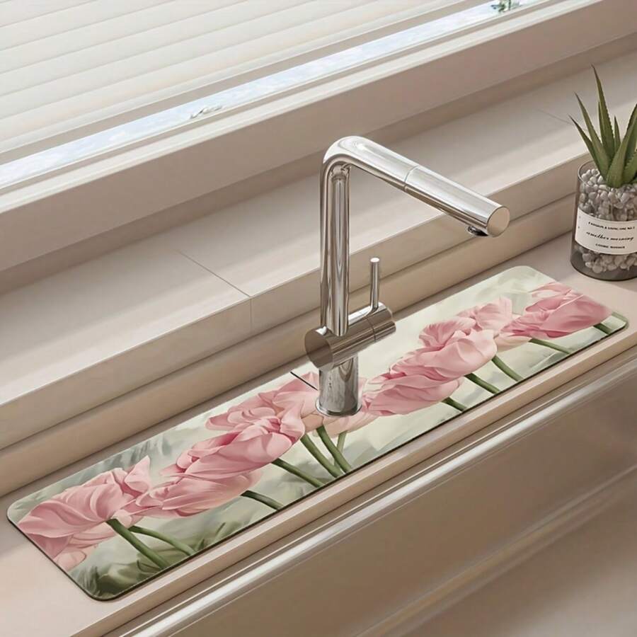 1入組水槽防濺擋板,配有水龍頭海綿,廚房和浴室用水吸收墊,快速乾燥 - 粉色 - 查看 1