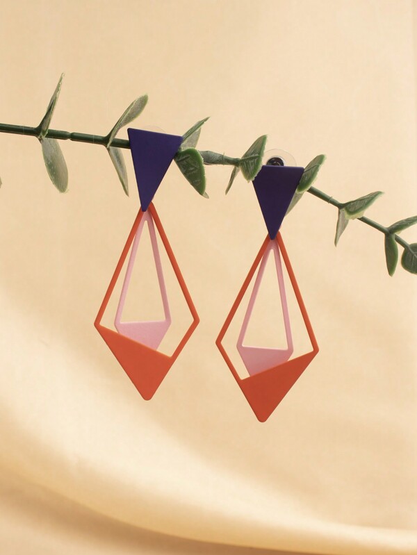 2pcs/Set Retro Creative Contrasting Geometric Earrings, Painted Square, Circular And Triangular Earrings, Colored Earrings, Fashionable And Earrings, Western Earrings, Orange Earrings, Purple Earrings, Prom Jewelry, Suitable For Women Daily Wear