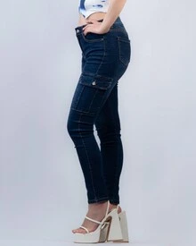 Pantalones cargo con bolsillo mezclilla skinny alta calidad - Azul lavado oscuro - Ver 7