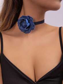 1 Peça Vintage Colar Gargantilha Corrente Clavícula com Flor de Rosa 3D de Denim