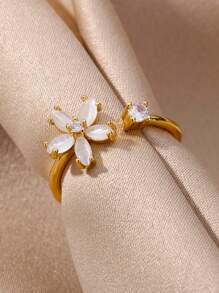 1Pc Exquisite Cubic Zirconia &Cat's Eye Stone Flower Open Adjustable Ring, Suit For Women Daily Decoration Valentines - 1 - View 5