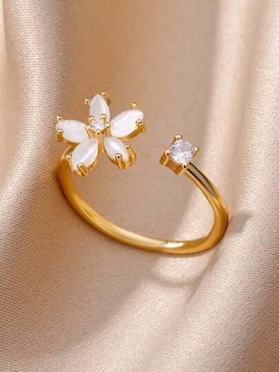 Cat's Eye Stone Ring,Elegant Flower Shape Ring, Gold-Plated And Sliver Color Ring,Open Adjustable Zirconia Floral Jewelry ,Suit For Wedding Ladies Mother's Day Summer Holiday
