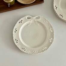 法式小众蝴蝶结浮雕陶瓷盘甜品蛋糕西餐盘好看水果沙拉盘家用平盘精美圣诞礼物 - 白色 - 查看 6