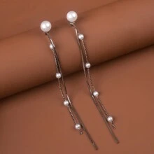 1 đôi Tua & Đồ trang trí Ngọc Trai giả Dài Hoa tai Đối với Của phụ nữ Mặc hàng ngày - Bạc - Xem 13