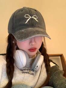 1pc Women's Vintage Sweet Bow Embroidery Washed Baseball Cap With Wide Brim, Spring Cute Valentine's Day Valentines