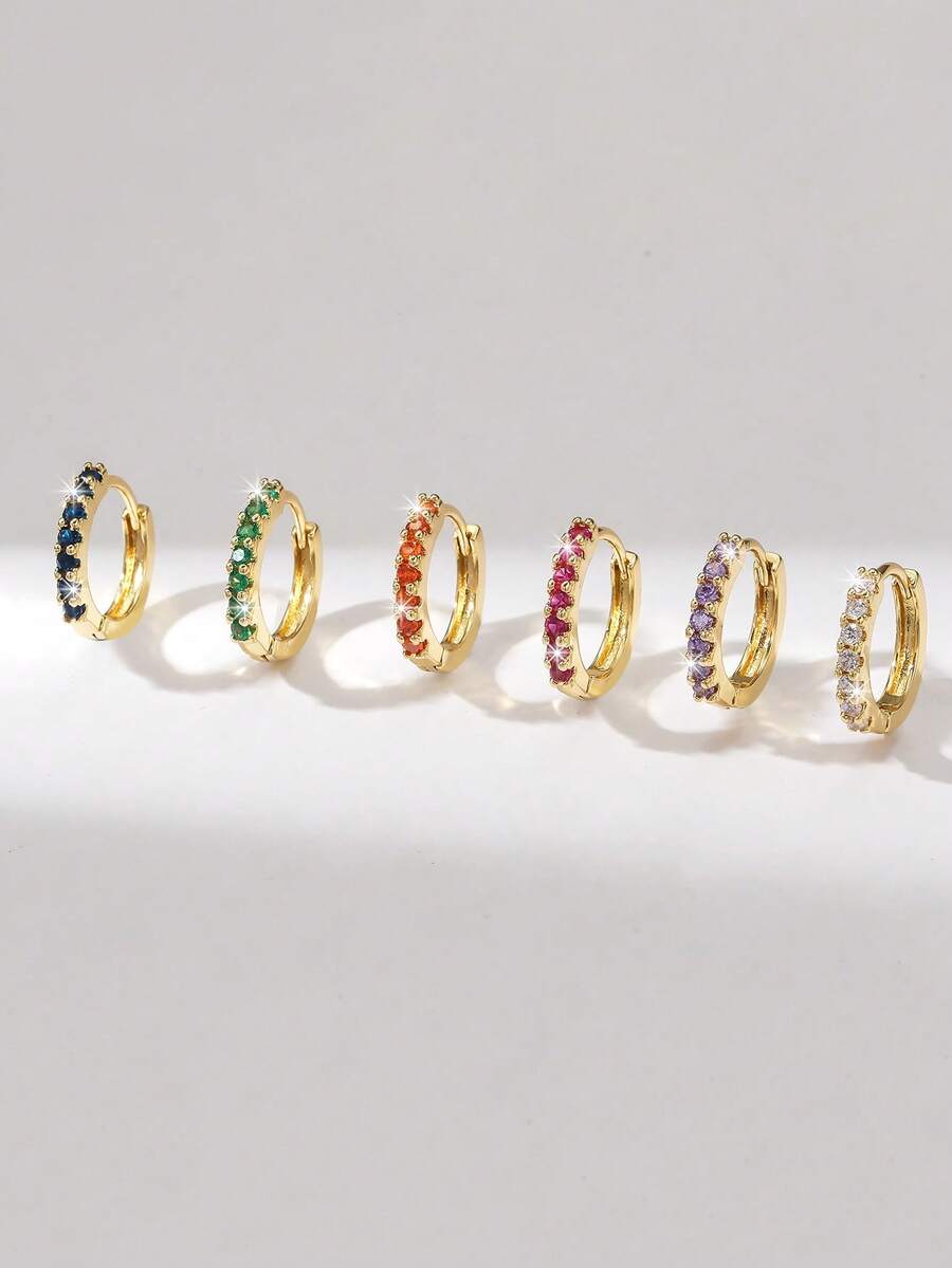 Hihho 6入組時尚優雅多彩立體切割鋯石鑲嵌幾何圓形迷人耳環套裝，女性約會禮品配件