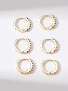 Hihho 6入組時尚優雅多彩立體切割鋯石鑲嵌幾何圓形迷人耳環套裝，女性約會禮品配件 - 金黃色 - 查看 4