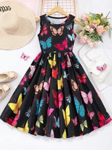 Tween Girl Summer Round Neck Sleeveless Butterfly Print Casual Dress