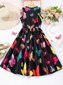 Tween Girl Summer Round Neck Sleeveless Butterfly Print Casual Dress