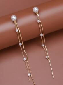 1副女士流蘇耳環，假珍珠長耳環適合日常佩戴 - 金黃色 - 查看 3