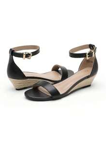 Women'S Wedge Sandals Open Toe Buckle Ankle Strap Comfortable Work Wedding Party Pumps Heel Sandals Dressy Summer Shoes - 麻底鞋/黑色/PU - 查看 5