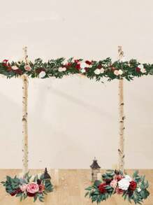 3Pcs/Set Artificial Eucalyptus Willow Garland With Flowers 1Pc 6FT With Wedding Arch Flowers Floral 2Pcs Swag Arrangements, Wedding Table Garland With Flowers Handcrafted Wedding Centerpieces Table Runner Swag For Rehearsal Dinner Bridal Shower Outdoor Decor - 紅色 - 查看 1