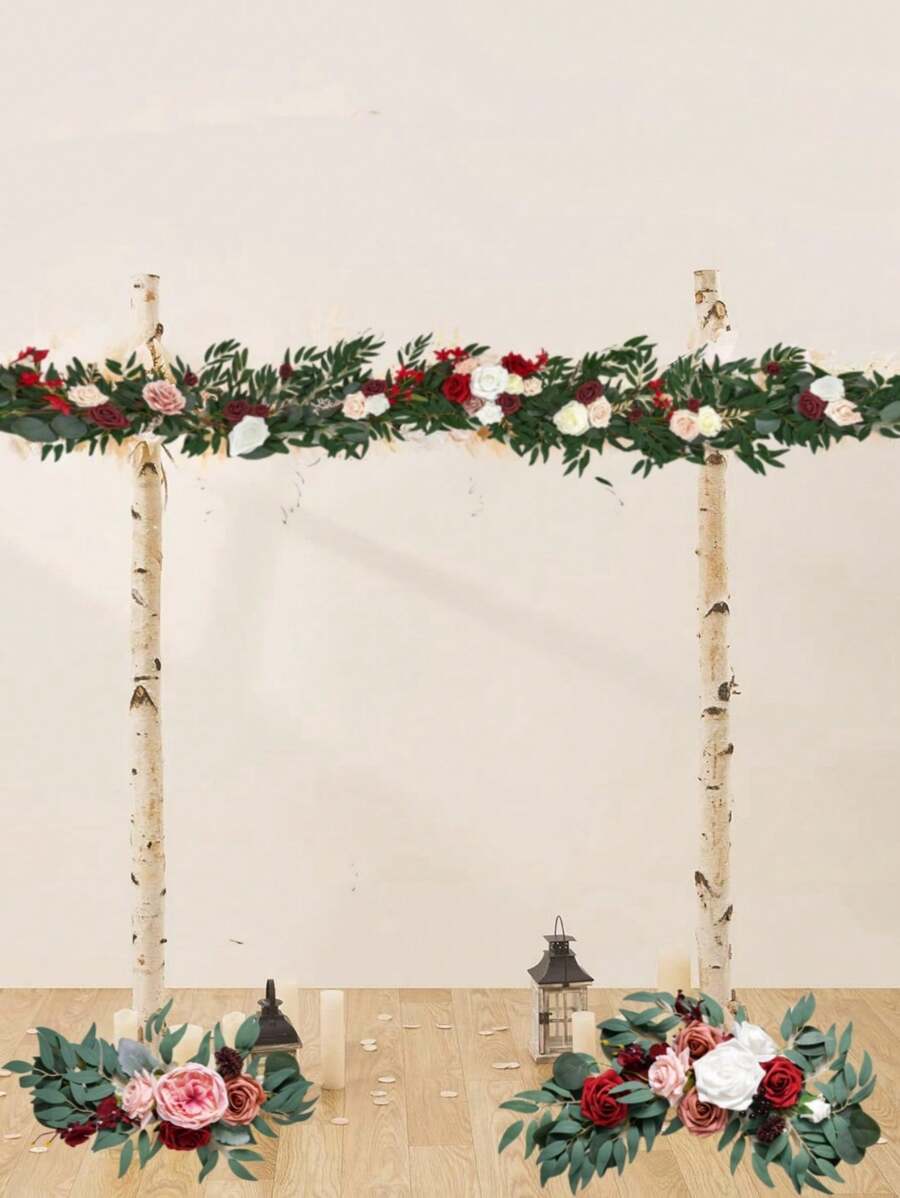 3Pcs/Set Artificial Eucalyptus Willow Garland With Flowers 1Pc 6FT With Wedding Arch Flowers Floral 2Pcs Swag Arrangements, Wedding Table Garland With Flowers Handcrafted Wedding Centerpieces Table Runner Swag For Rehearsal Dinner Bridal Shower Outdoor Decor - 紅色 - 查看 1