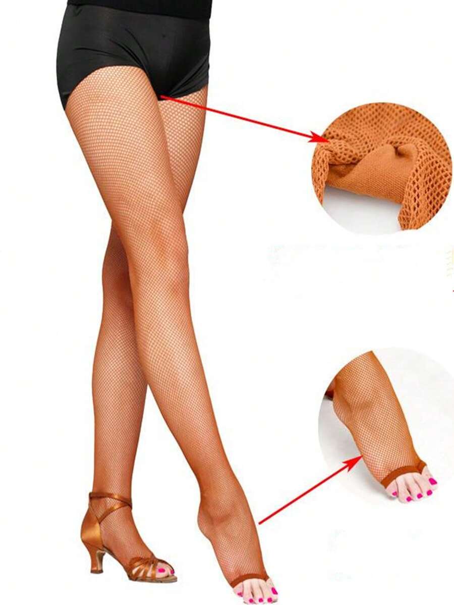 Nuevos leotardos de red de pescar estilo latino con refuerzo de punta y color caramelo, medias profesionales para competencia de danza - Camel - Ver 1