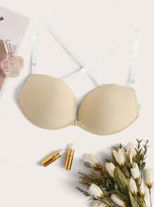 1 件钢圈文胸，透明肩带，交叉后背，内衣 - 杏色 - 查看 1