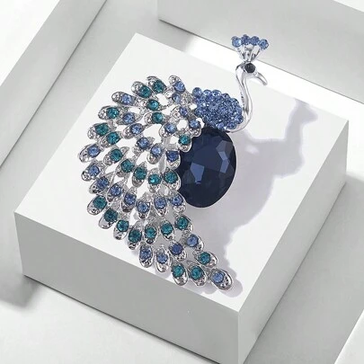 1pc Blue Crystal Gemstone & Rhinestone Peacock Brooch