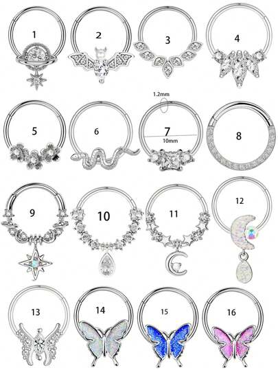 1个16G鼻中隔环，不锈钢黄铜CZ立方氧化锆耳骨耳廓耳屏耳环鼻环铰链式节段卡扣穿刺饰品