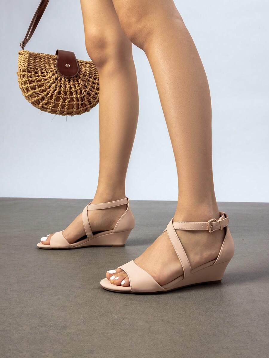 Women's Adjustable Ankle Strap Open Toe Platform Low Wedge Work Wedding Party Prom Pump Sandals - 杏色 - 查看 1