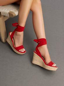 Women's Platform Wedges  Sandals Open Toe Espadrilles Tie Lace Up Cute Fashion Ankle Strap  Dressy Summer Shoes - 紅色 - 查看 1