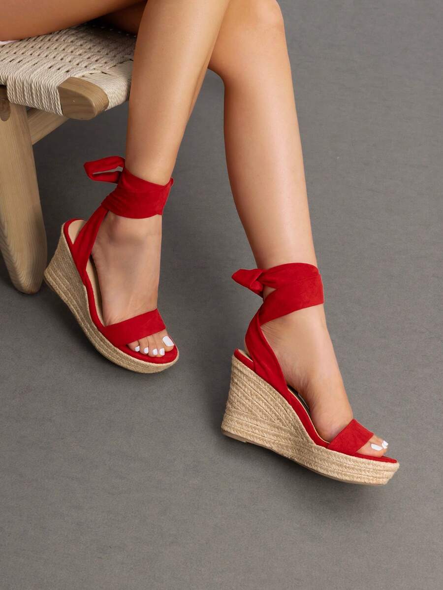 Women's Platform Wedges Sandals Open Toe Espadrilles Tie Lace Up Cute Fashion Ankle Strap Dressy Summer Shoes - 紅色 - 查看 1