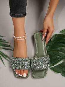 Women's Flat Slip-On Sandals With Rhinestone Decoration, Fashionable, High-Class And Versatile Square Toe Slippers For Outdoor, Plus Size - Green - View 5