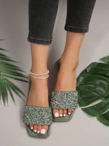 Women's Flat Slip-On Sandals With Rhinestone Decoration, Fashionable, High-Class And Versatile Square Toe Slippers For Outdoor, Plus Size - Green - View 7
