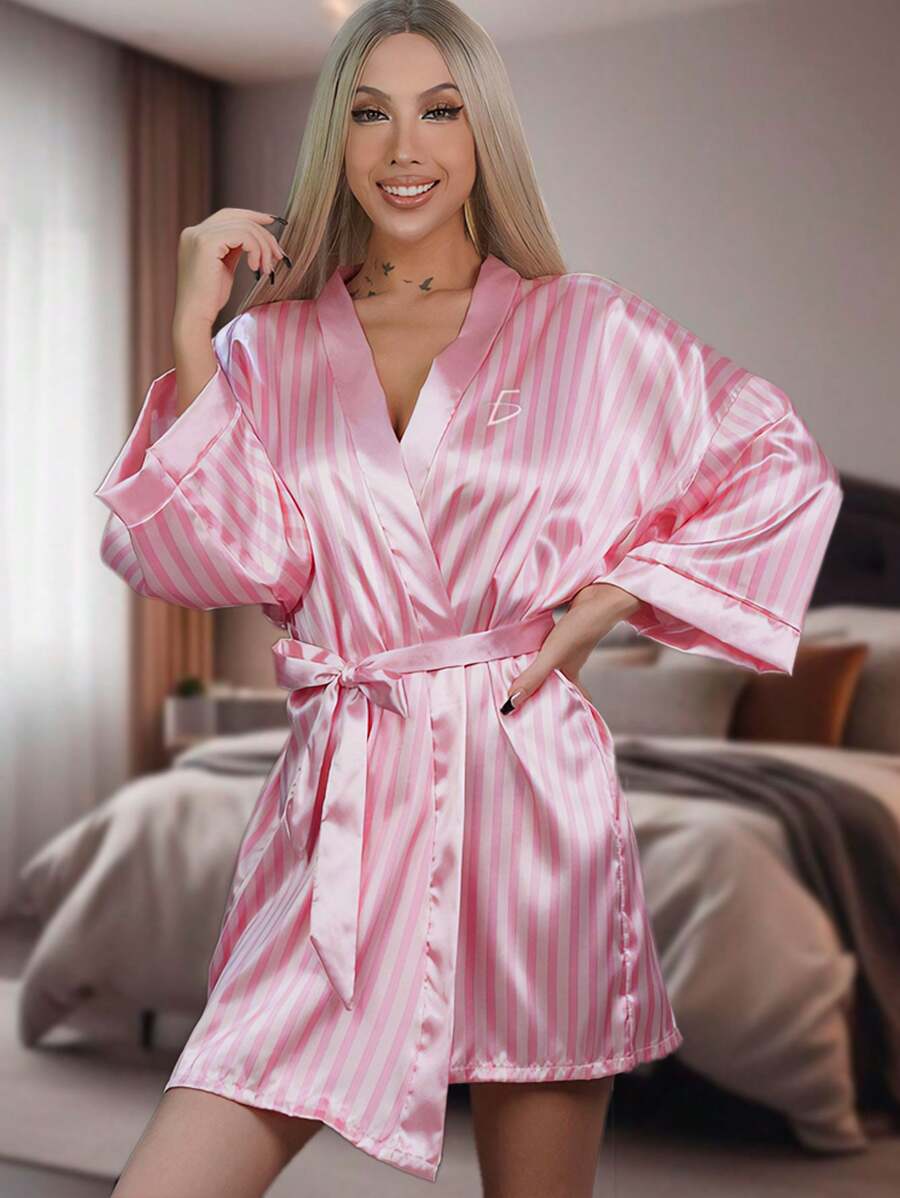 Bata de Satén de Seda Tipo Kimono para Mujer - Rosa - Ver 1