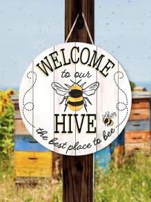 1Pc Bee Welcome To Our Hive Wood Hanging Sign For Home Garden Decor,Rustic Round Wooden Wall Hanging Plaque Sign For Outdoor Decorations 7.9In/12IN,Home Decor ,Room Decor,Wall Decor Gifts Birthday Graduation - Multicolor - View 5