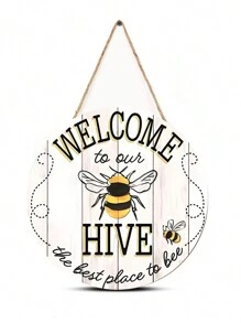 1Pc Bee Welcome To Our Hive Wood Hanging Sign For Home Garden Decor,Rustic Round Wooden Wall Hanging Plaque Sign For Outdoor Decorations 7.9In/12IN,Home Decor ,Room Decor,Wall Decor Gifts Birthday Graduation - Multicolor - View 1