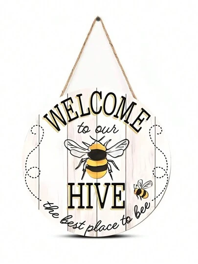 1 件蜜蜂欢迎来到我们的蜂巢木质悬挂标志适用于家庭花园装饰，质朴的圆形木质墙壁挂牌匾标志适用于户外装饰 7.9 英寸/12 英寸，家居装饰，房间装饰，墙壁装饰