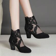 Giày Cao Gót Peep Toe Chống Thấm Nước Với Lưới Ren Sheer Thiết Kế Thoáng Khí Cho Nữ, Mùa Hè 2024 Giày Cao Gót La Mã Chunky - màu đen - Xem 5